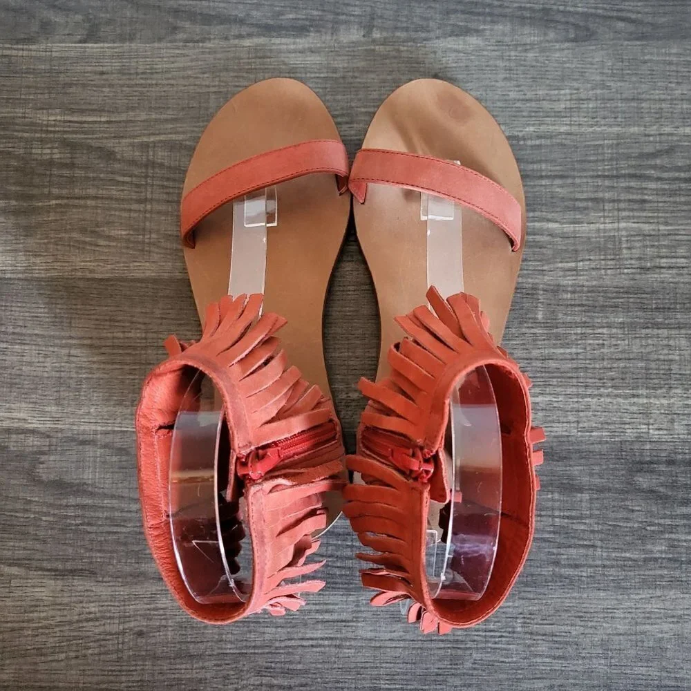 Kate Spade Alex Flat Fringe-Cuff Boho Sandals Orange Nubuck Leather Sz Women's 6